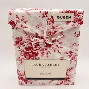 Laura Ashley Queen Cotton Percale Sheet Set Red Floral Walled Garden